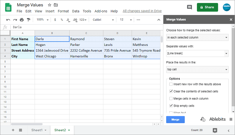 merge values add on for google sheets settings