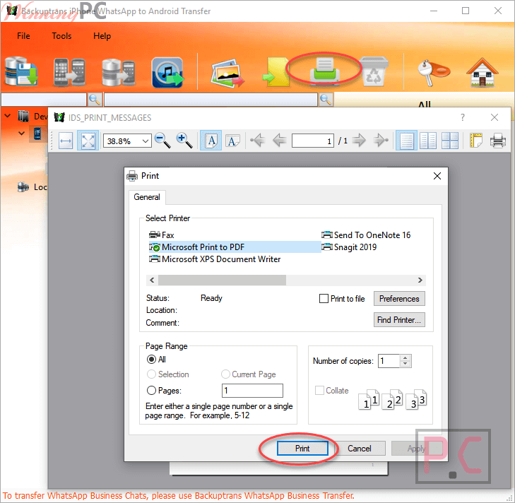 Print Backuptrans iPhone WhatsApp to Android Transfer