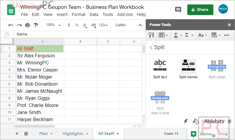 Split Names add-on for Google Sheets Coupon Code Free