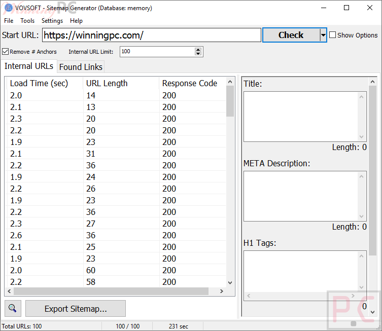 Checking Vovsoft Sitemap Generator