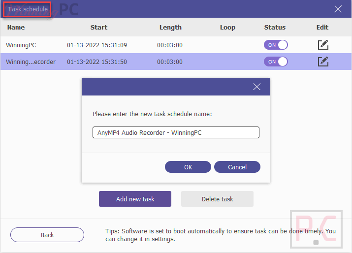task schedule anymp4 audio recorder