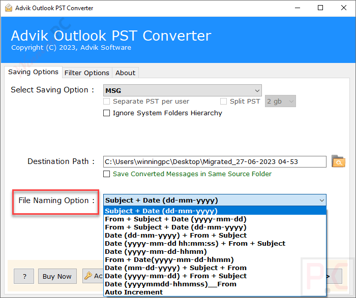 file naming option advik pst repair tool