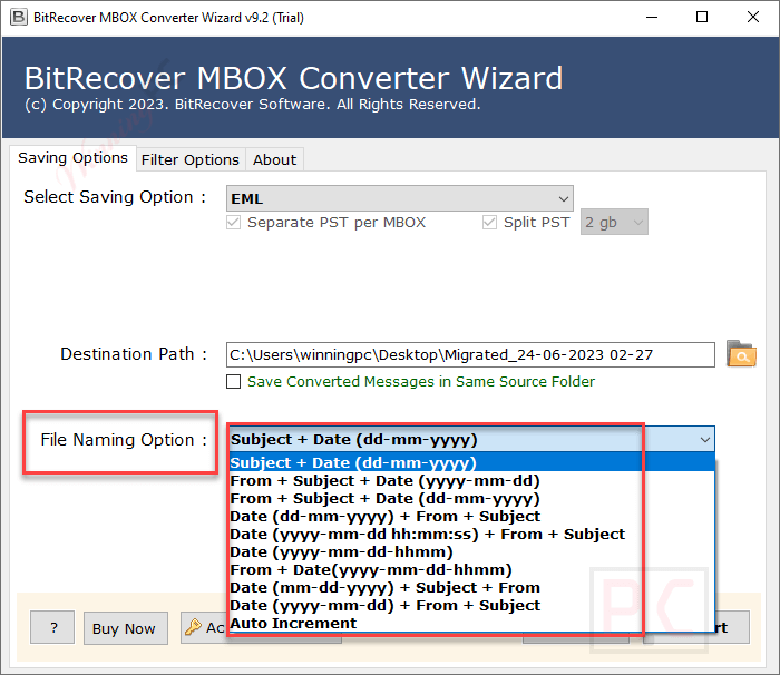 file naming option bitrecover webmail backup wizard