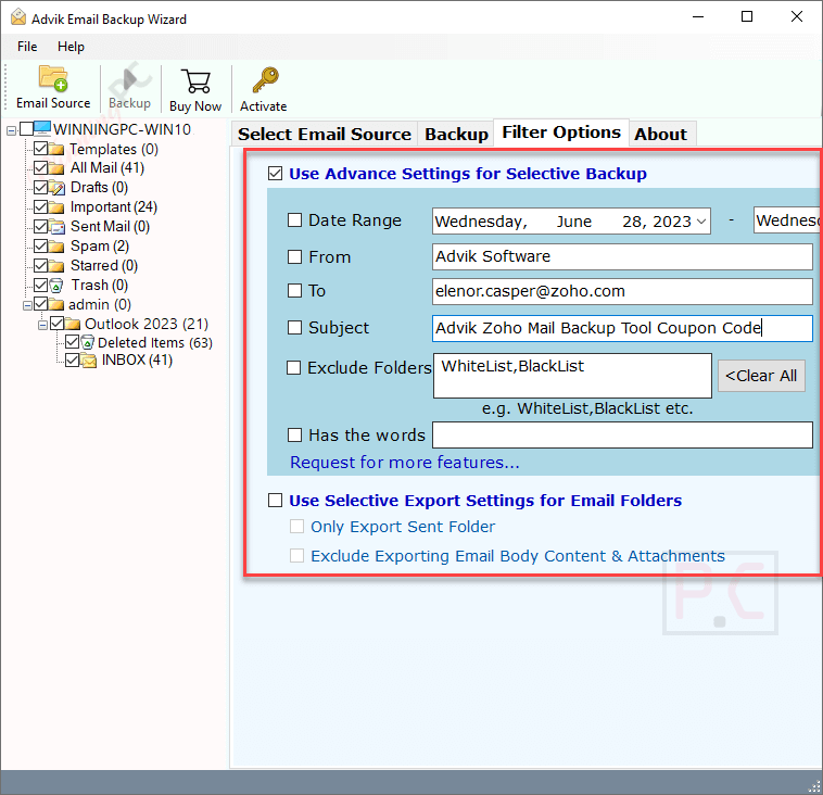 filter option advik zoho mail backup tool