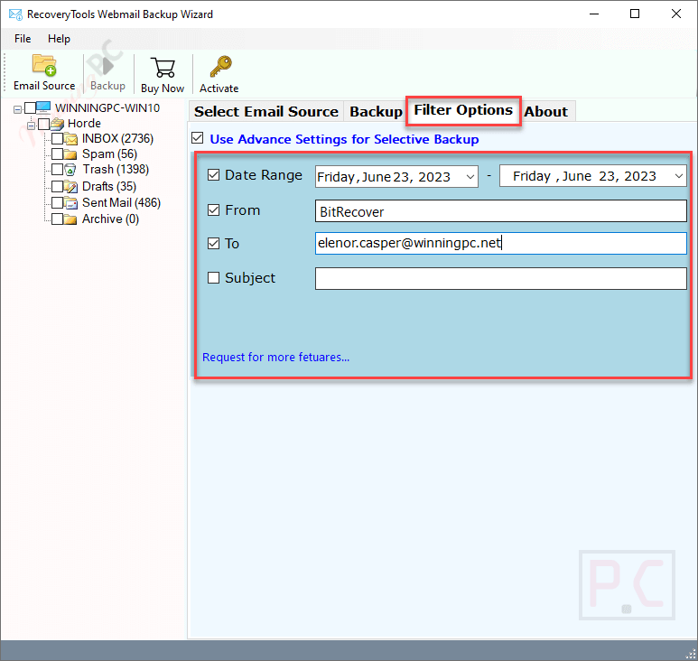 filter option bitrecover webmail backup wizard