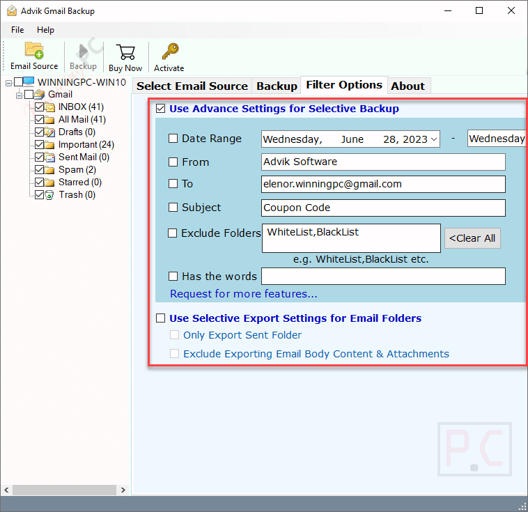 filter options advik gmail backup tool