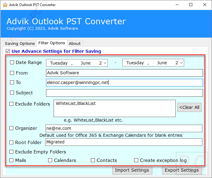 filter options advik pst repair tool