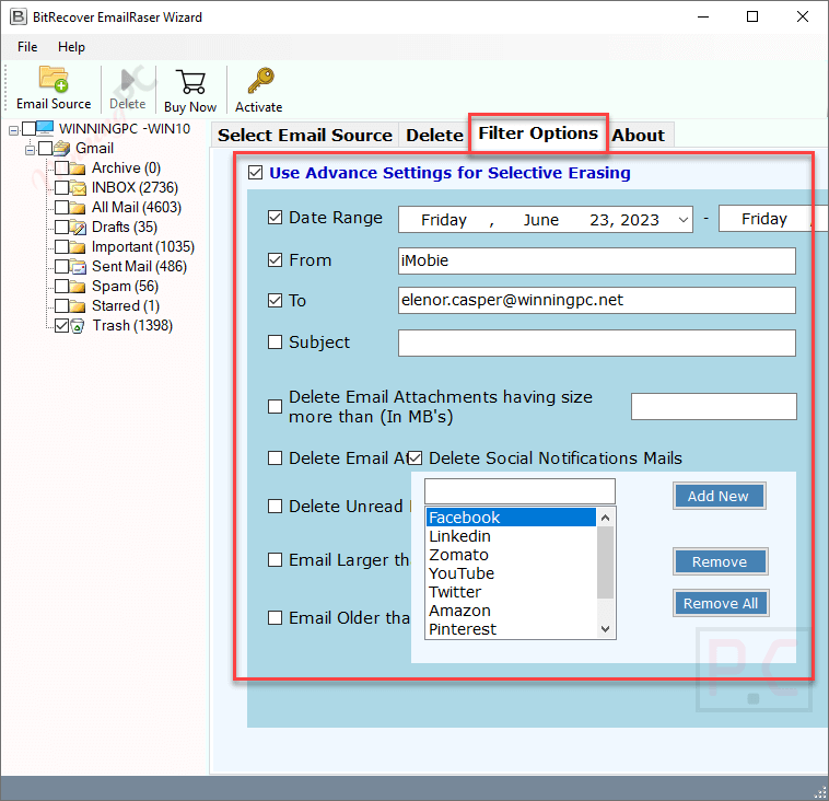 filter options bitrecover emailraser wizard