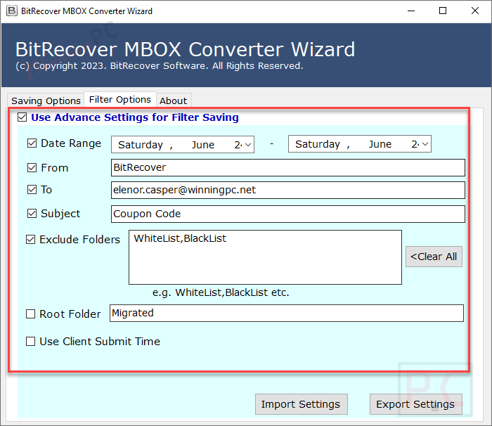 filter options bitrecover webmail backup wizard