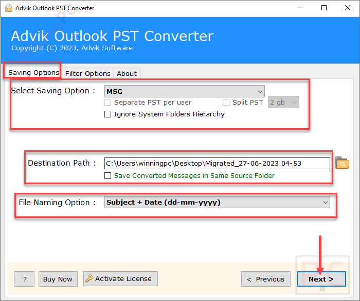 saving options advik pst repair tool