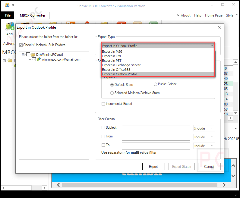 export type shoviv mbox to pst converter