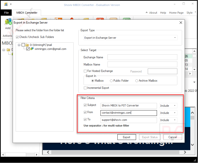 filter criteria shoviv mbox to pst converter