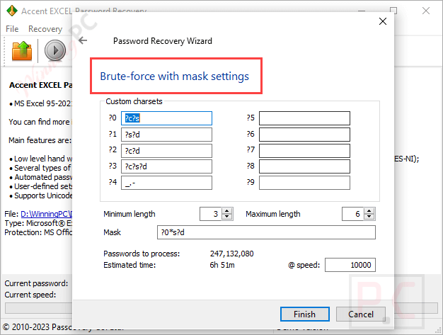 accent excel password recovery brute force with mask