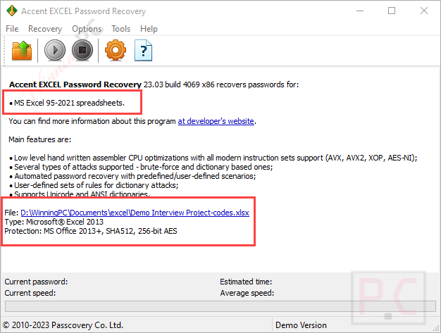 Accent EXCEL Password Recovery Coupon Code Screenshot