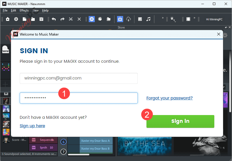 magix music maker 2024 singin your account