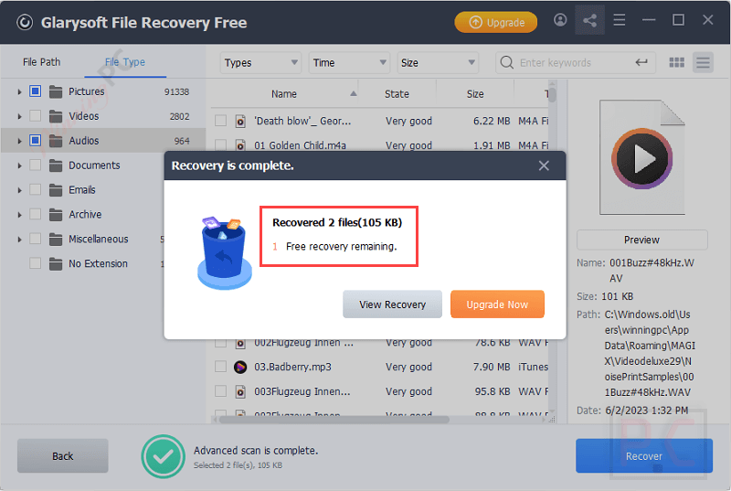 completed recover glarysoft file recovery pro