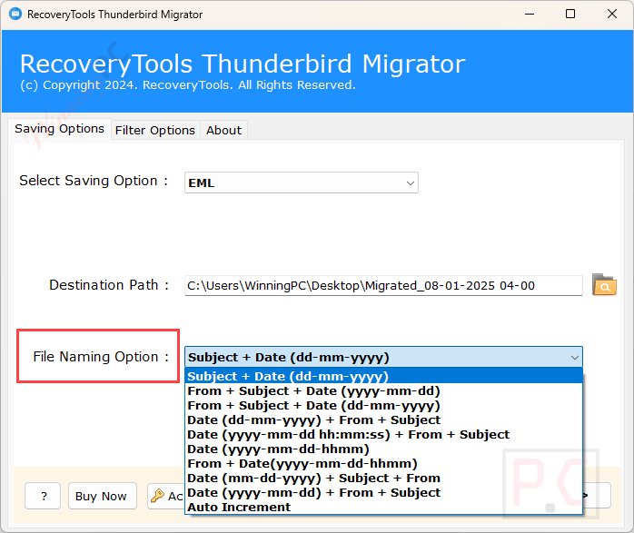 file name option recoverytools thunderbird migrator