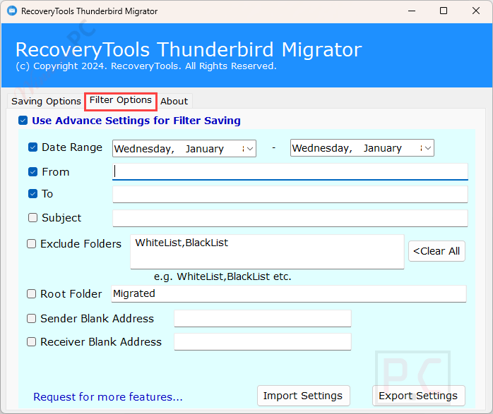 filter options recoverytools thunderbird migrator