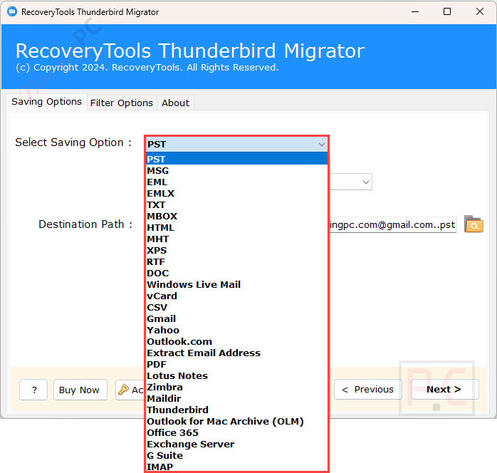 saving option recoverytools thunderbird migrator