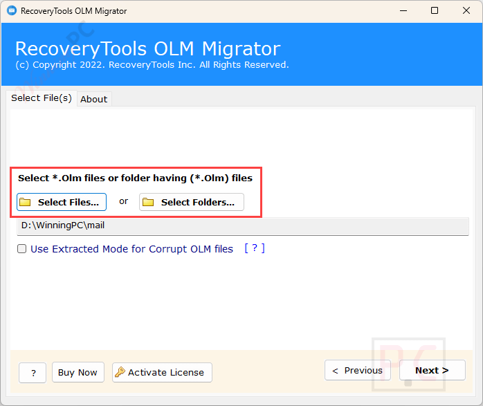 select files recoverytools olm migrator RecoveryTools OLM Migrator Coupon Code