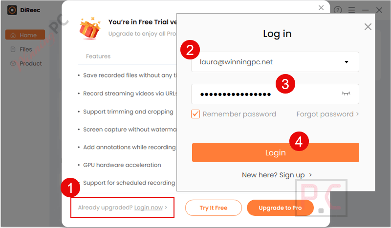 giveaway direec screen recorder login