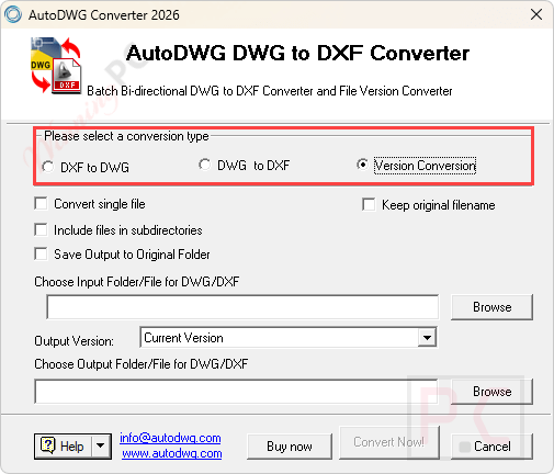 conversion type autodwg dwg dxf converter AutoDWG DWG DXF Converter Screenshot