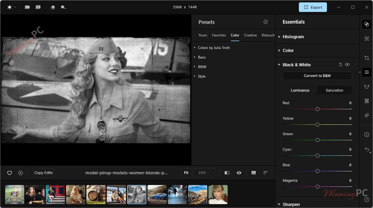aperty photo editor black and white screenshot
