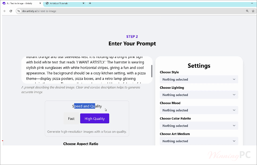artistly ai enter prompt