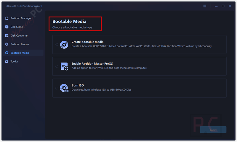bootable media ibeesoft disk partition wizard