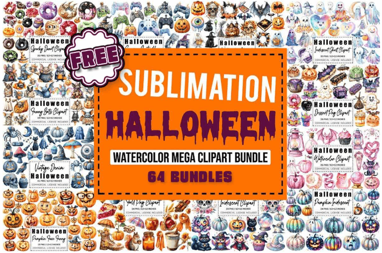 Watercolor Halloween Sublimation Clipart Bundle
