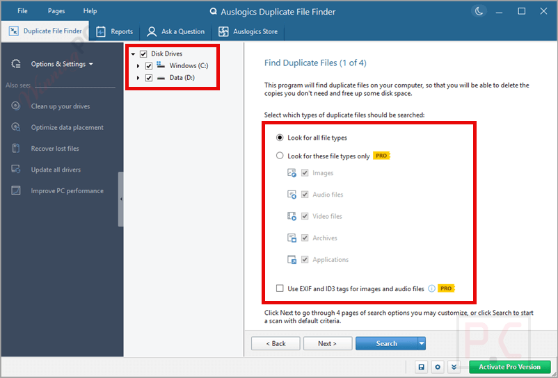 select disk drive auslogics duplicate file finder