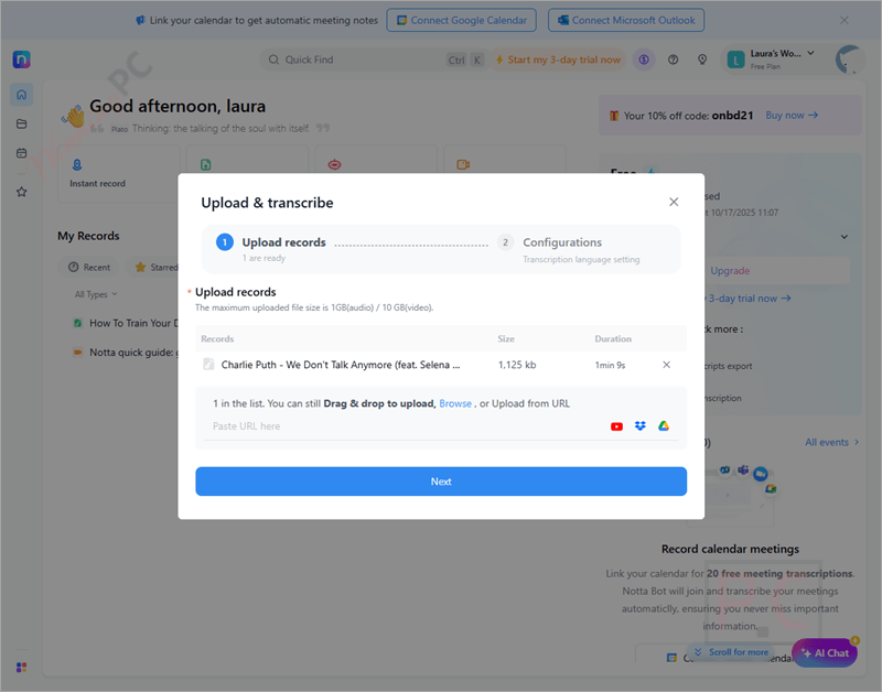 upload transcribe notta ai notetaker