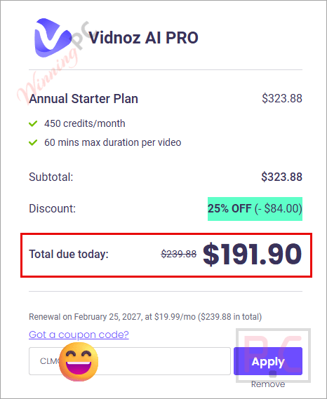 vidnoz ai checkout page with coupon Vidnoz AI PRO coupon code applied successfully