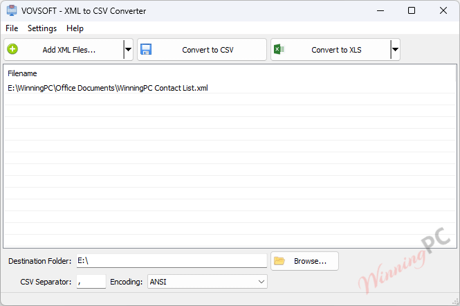 vovsoft xml to csv converter screenshot