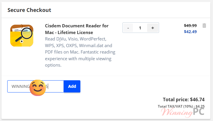 cisdem document reader checkout with coupon code Checkout page pointing to the discounted price and coupon field