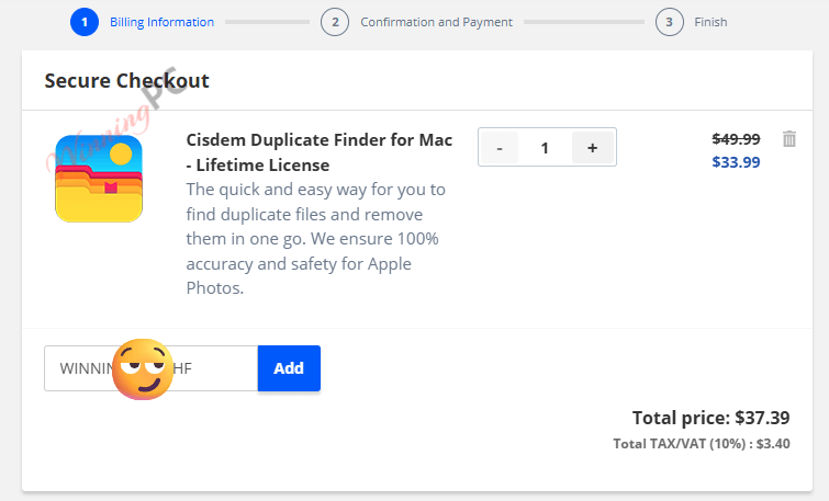 cisdem duplicate finder checkout page Checkout page showing the "Coupon Code" field with the discounted price applied