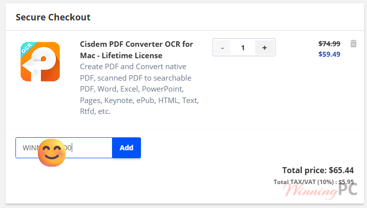 cisdem pdf converter ocr discount Checkout page showing the discounted price and coupon field