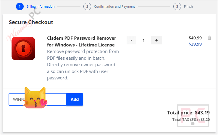 cisdem pdf password remover checkout with discount code Price drop proof showing original vs. discounted total.