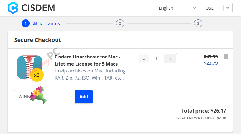 cisdem unarchiver for mac apply coupon code successful Checkout page screenshot pointing to the 'Discount' field or total price reduction