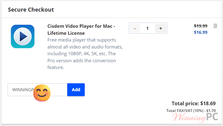 cisdem video player checkout page Checkout page showing the WinningPC discount applied to the total