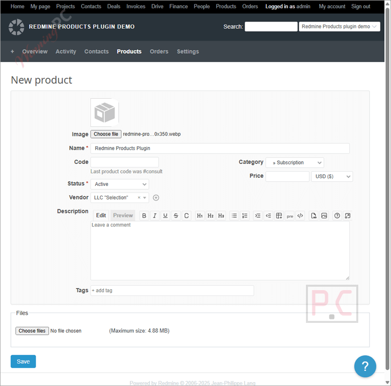 redmine products plugin new product
