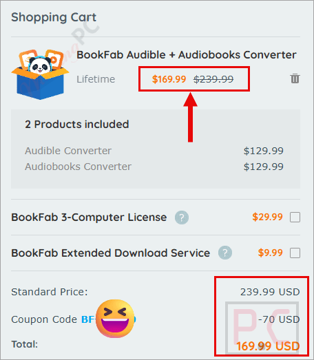 bookfab audible converter checkout page with coupon code BookFab Audible Converter coupon code applied successfully