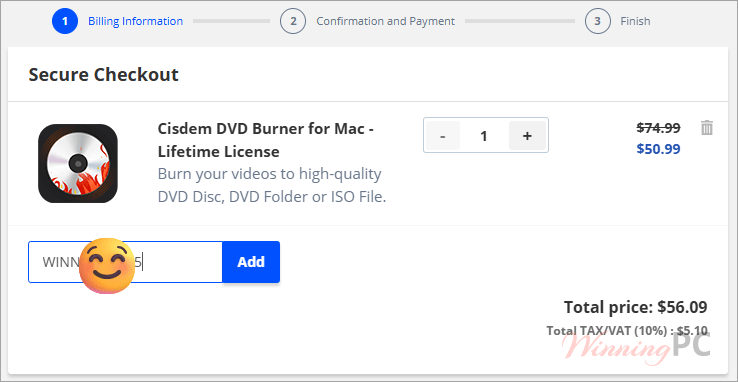 Checkout page screenshot showing the original price crossed out and the $50.99 price highlighted