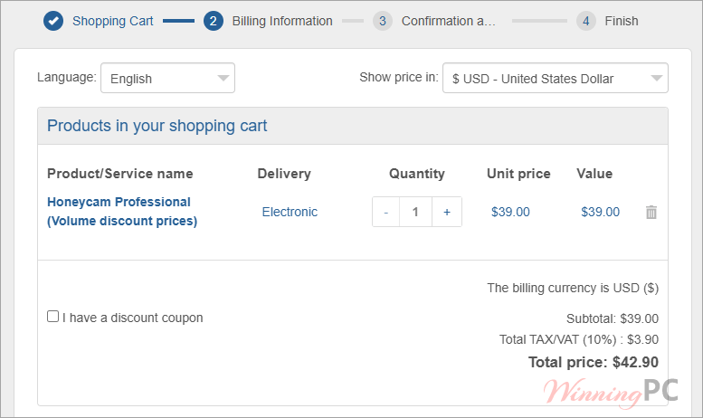 honeycam checkout page Screenshot of Honeycam checkout page highlighting the coupon field and discounted price