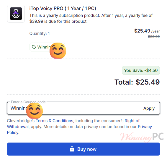 itop voicy discount applied Checkout page highlighting the 'Coupon Applied' section and the discounted total price