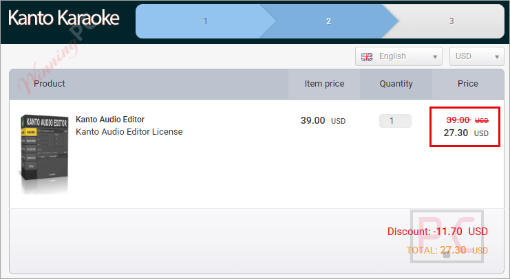 kanto audio editor checkout with discount code Checkout page screenshot showing where to paste the coupon code and the final price