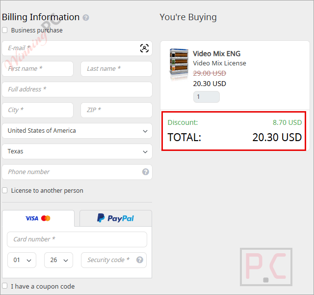 kanto video mix checkout with discount code Price drop proof showing original vs. discounted total.