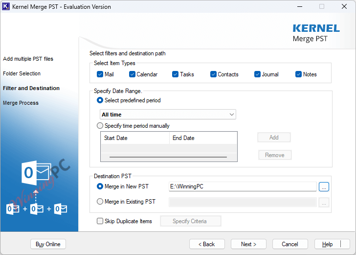 kernel pst merge filter and destination