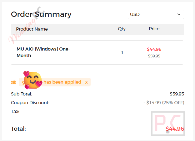 muconvert all in one music converter checkout with discount code Price drop proof showing the total reduced by 25%.