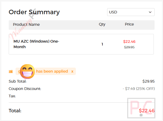 muconvert amazon music converter checkout with discount code Screenshot of the MuConvert Amazon Music Converter checkout page highlighting the "Coupon Code" field and the 25% price reduction.